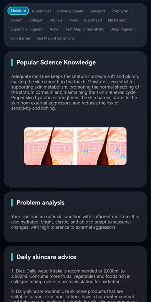 AI intelligent skin analyzer showing multi-dimensional skin analysis results including pores, pigment, and wrinkles